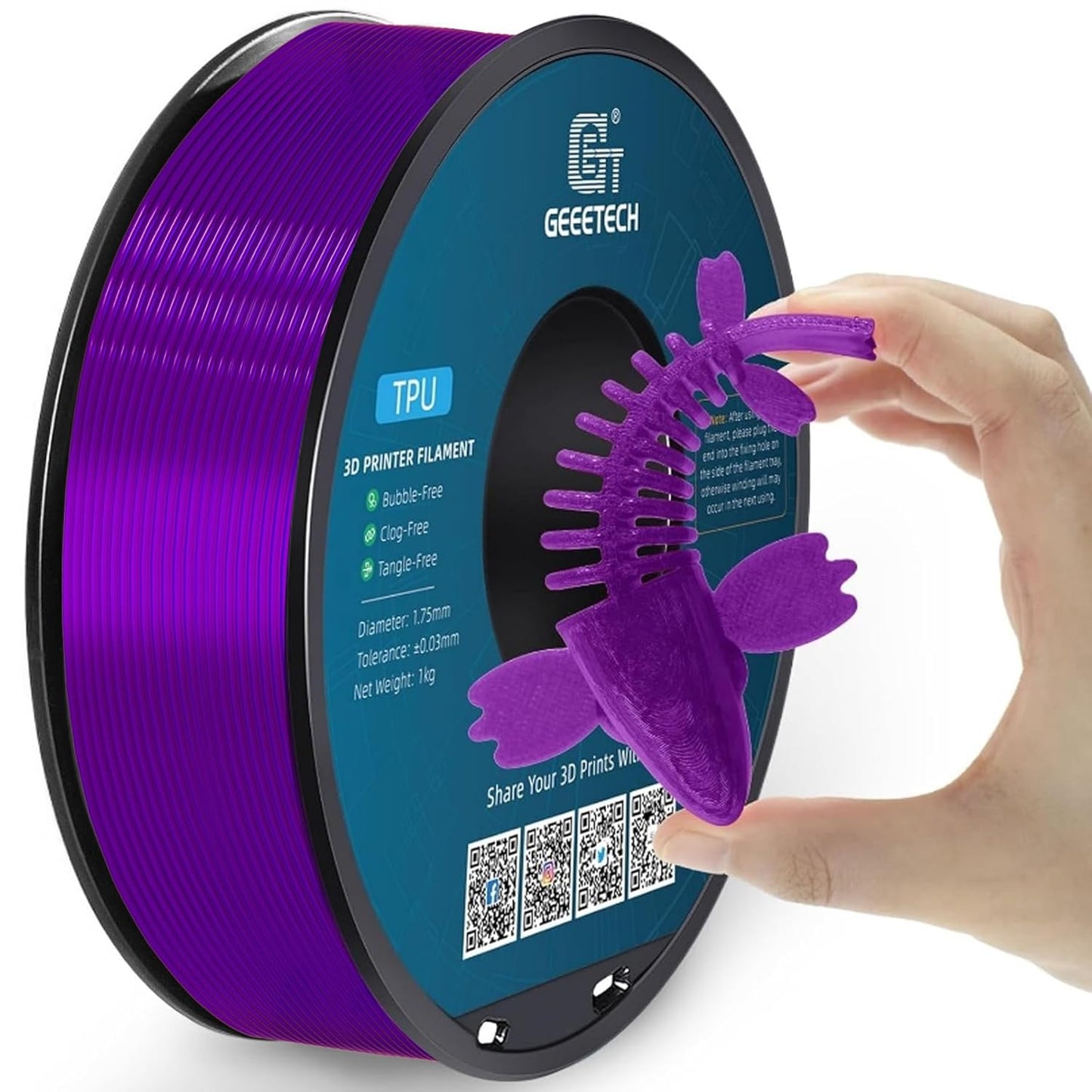Geeetech TPU Filament 1.75mm, Shore 95A Flexible 3D Printer Filament with High Elasticity, 1KG (2.2lbs) Spool, Dimensional Accuracy ±0.03mm, Fits Most FDM Printers (Clear Purple)