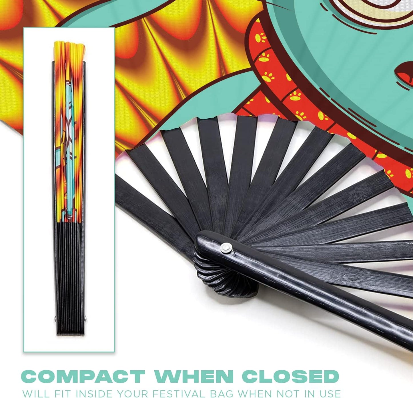 GloFX Folding Fan - Trippy Kitty - Large Rave Clack Folding Hand Fan for Men/Women - for EDM, Music Festival, Club, Event, Party, Dance, Performance, Decoration, Gift