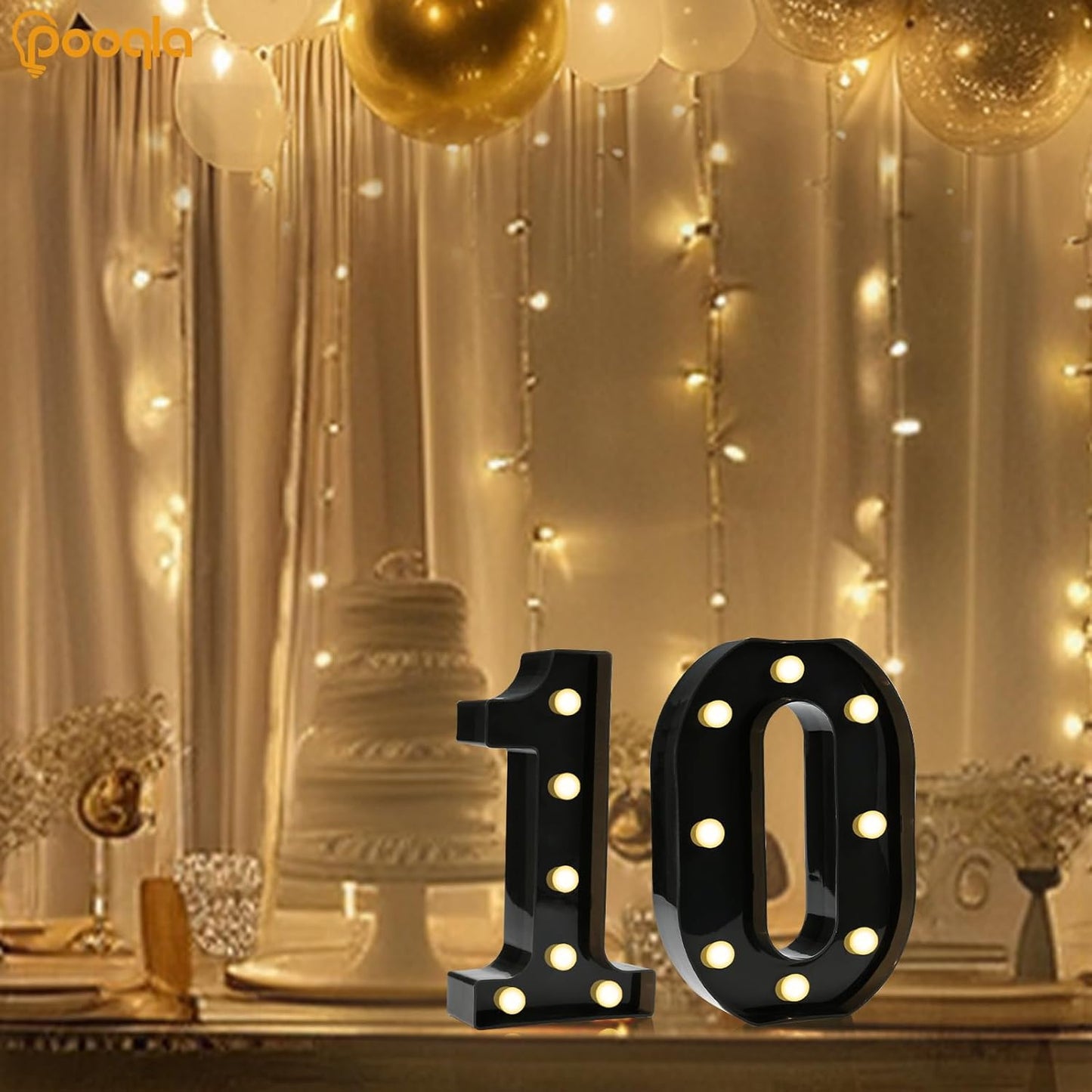 Pooqla Decorative Led Light Up Number Letters, Black Plastic Marquee Number Lights Sign for 10th Birthday Party Wedding Decor Battery Operated Black Decoration 10