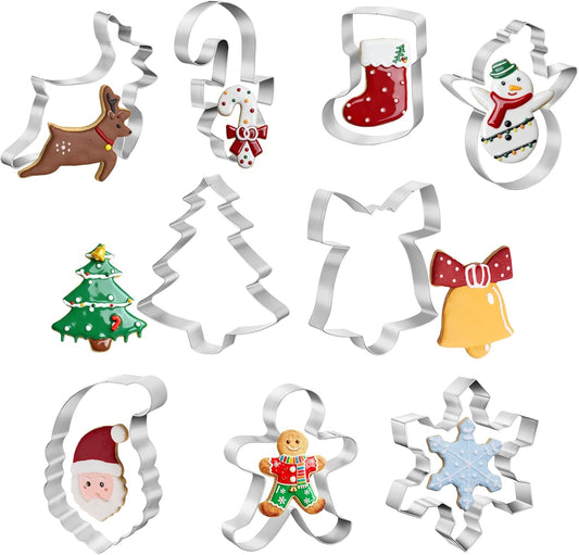 Christmas Cookie Cutters Set- 9 Piece Stainless Steel Winter Holiday Metal Shapes-Christmas tree, Snowman, Candy Cane, Bells, Snowflakes, Gingerbread Man, Reindeer, Socks,Santa Face Shapes