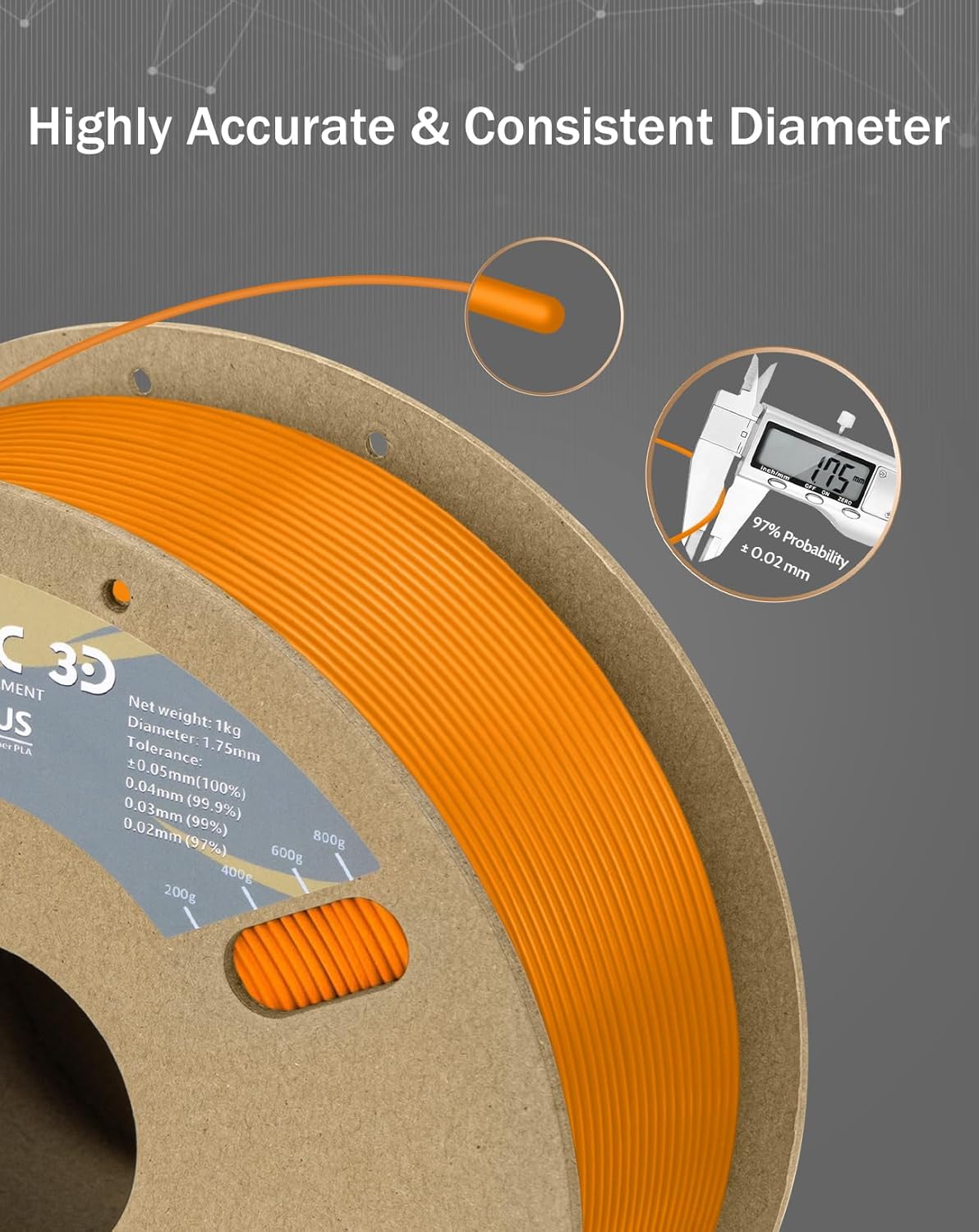 DURAMIC 3D PLA+ Filament 1.75mm 1Kg Orange, PLA Plus Filament 1Kg Spool(2.2lbs) Tougher and Stronger, Dimensional Accuracy Probability +/- 0.02mm