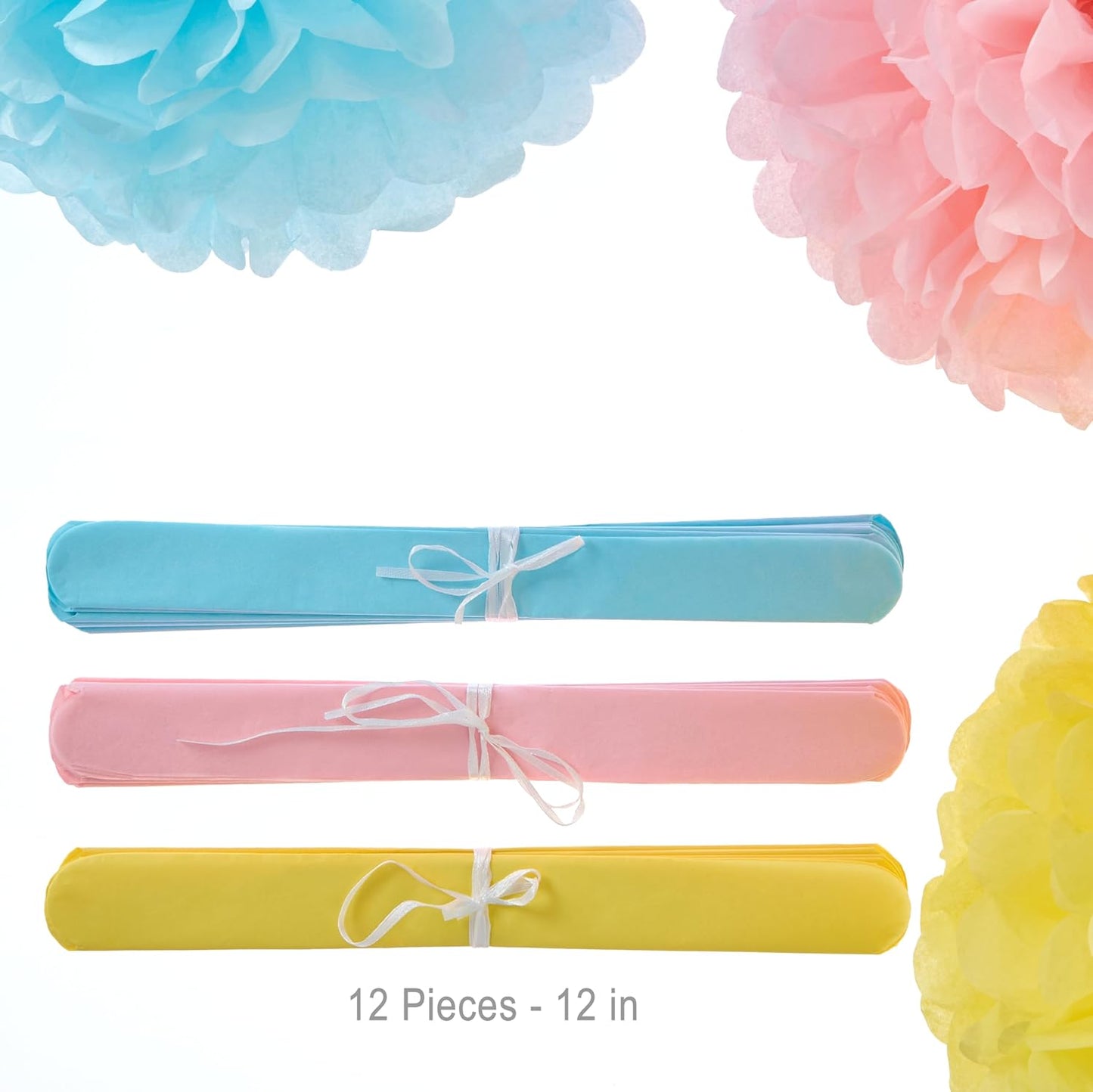 WEVEN Tissue Pom Poms Tissue Paper Flowers Tissue Fluff Balls Party Decorations 12-Inch Pack of 12 (Pink, Blue, Yellow)