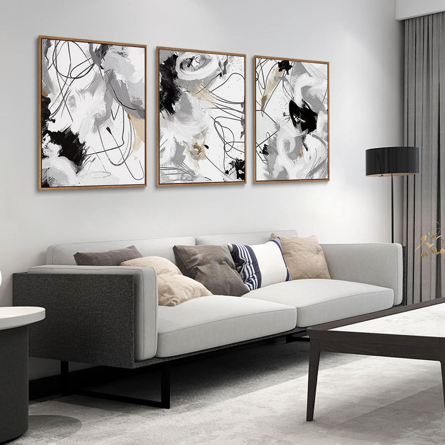 myusuar 3 Piece Large Modern Abstract Canvas Framed Wall Art For Living Room, Black And White Lines Minimalist Wall Art Decor Posters Prints For Bedroom Office, 12x16in