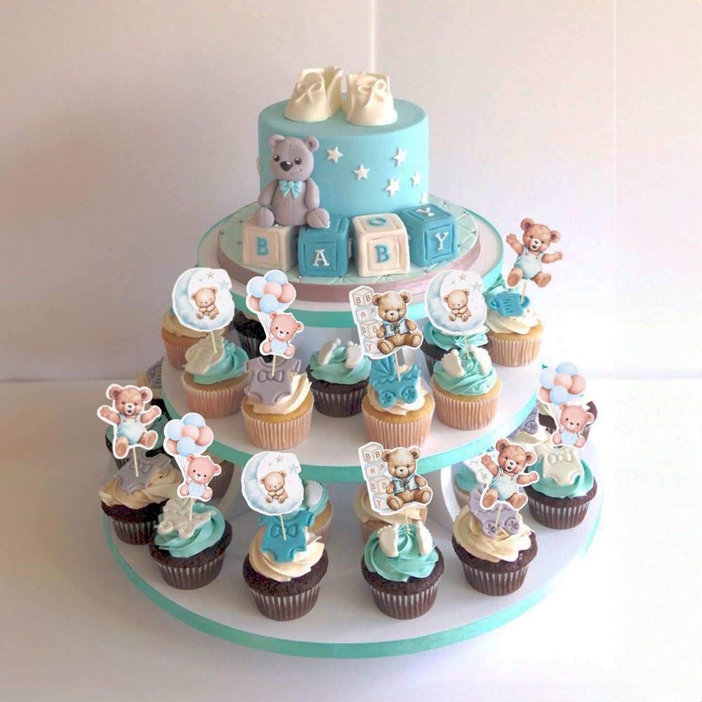 Gyufise 32Pcs Baby Shower Bear Cupcake Toppers Moon Baby Bear Baby Shower Cake Topper Decorations Jungle Animal Theme Birthday Party Cake Supplies Blue