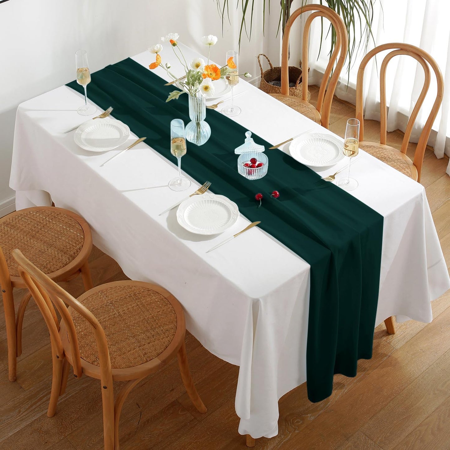 2 Pack 10 Ft Chiffon Table Runner Emerald Green Gauze Long Table Runners 27x120 Inches Sheer Tulle Table Runner for Rustic Wedding Reception Bridal Shower Decorations Birthday Party