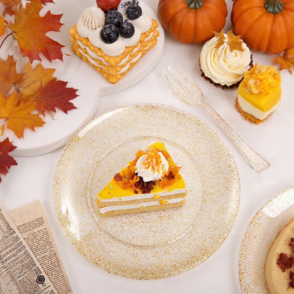 Festiva 200Pcs Gold Glitter Dessert Plates 6.3" with Forks 5"-Small Plastic Dessert/Cake/Appetizer Plates Disposable for 100 Guests Thanksgiving Party &Wedding& Birthday& Christmas