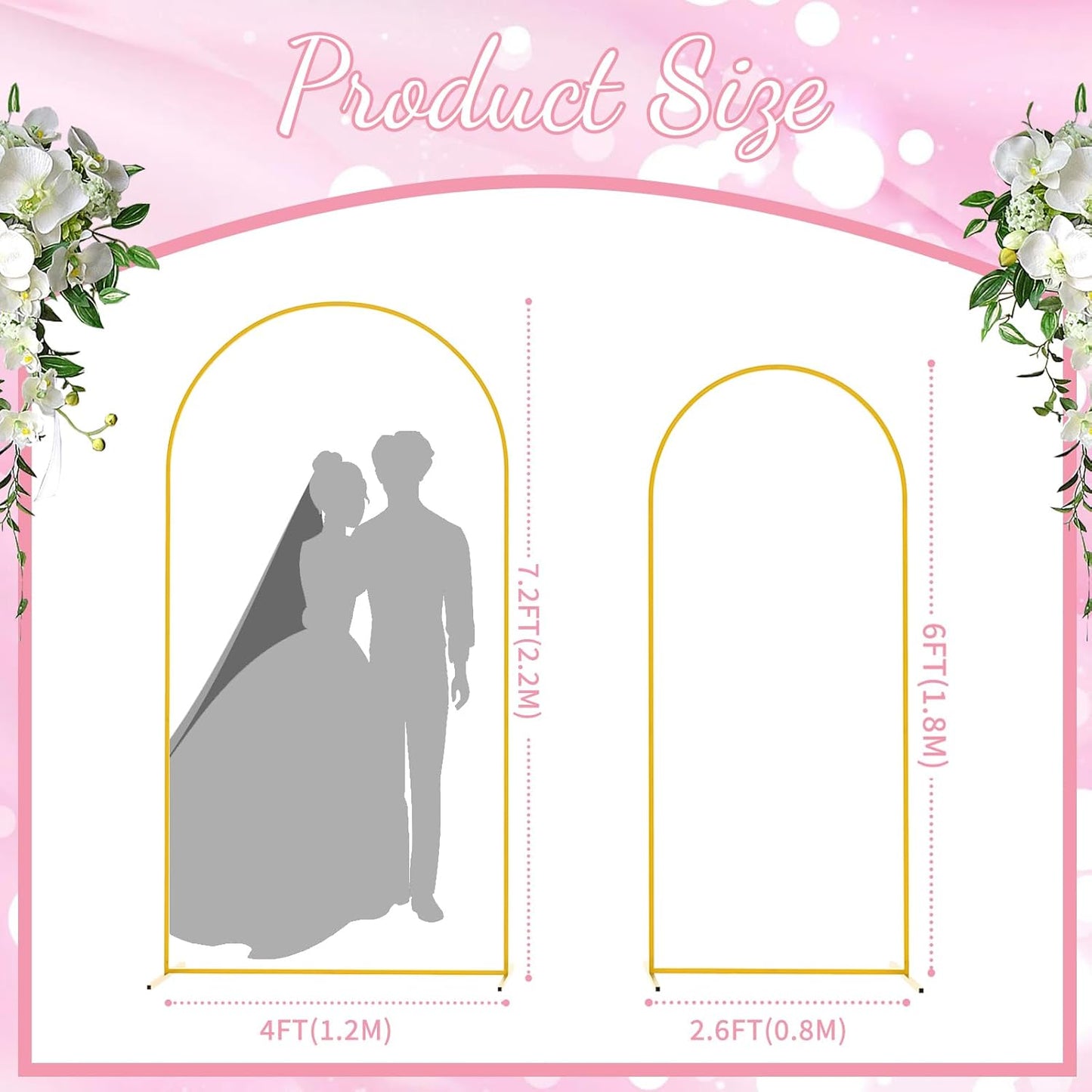 2pcs Arch Backdrop Stand - 7.2ft/6ft Gold Metal Flower Balloon Arch Frame Stand for Wedding, Birthday Party, Christmas, Baby Shower, Bridal Shower, Graduation Photography Decoration