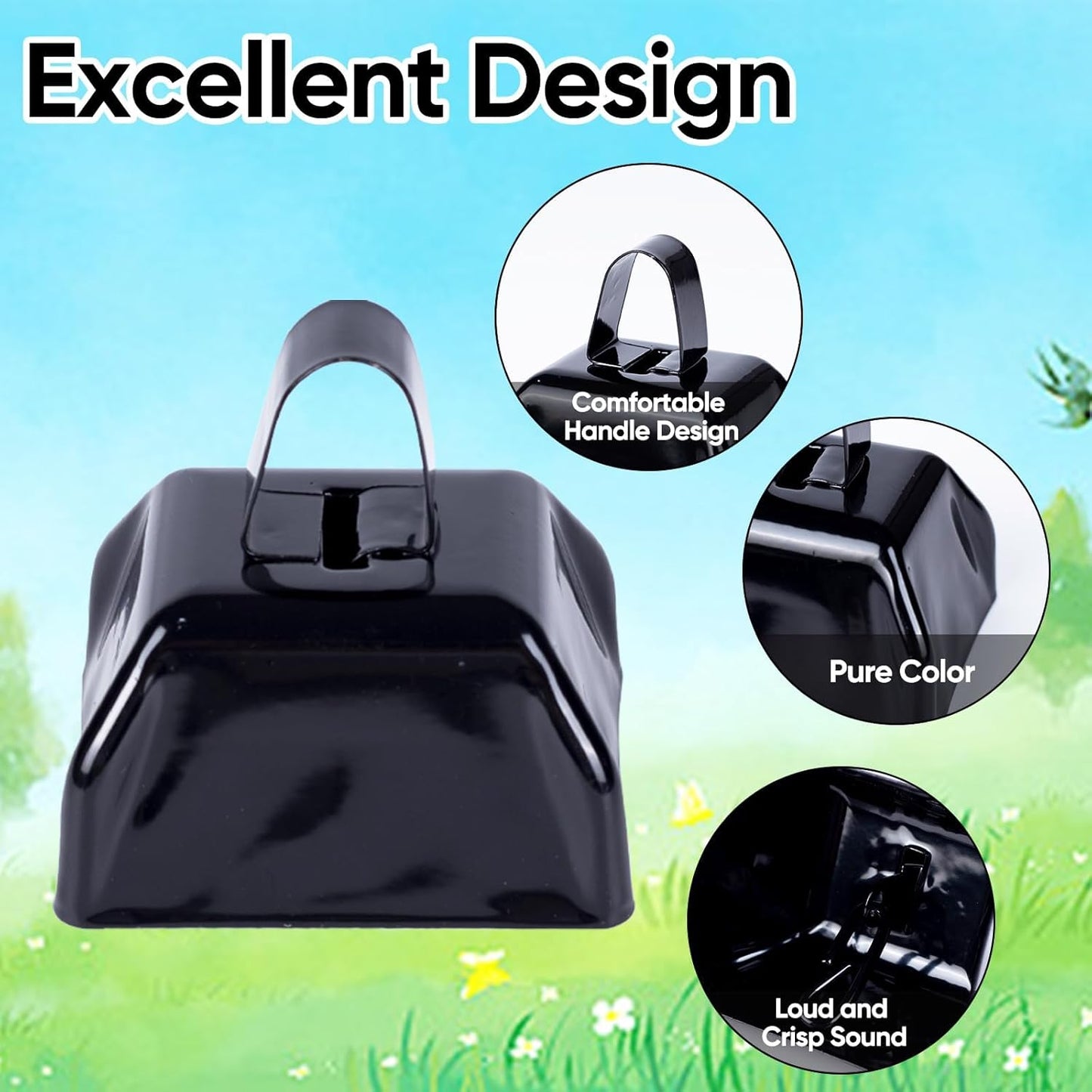 Cow Bells Noise Makers Cheering Bell: 12 Pcs Metal Cowbells with Handle for Sporting Events - Small Loud Bell Bulk Hand Percussion for Football Games Graduation Weddings-Black