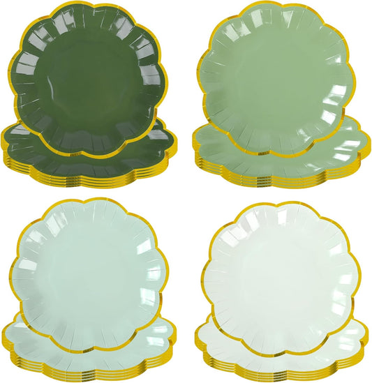 Sage Green Party Plates Gradient Green Dessert Paper Plate 7inch Gold Foil Scalloped Edge Disposable Cake Plates for Christmas Birthday Bridal Baby Shower Wedding Party Supplies (48)