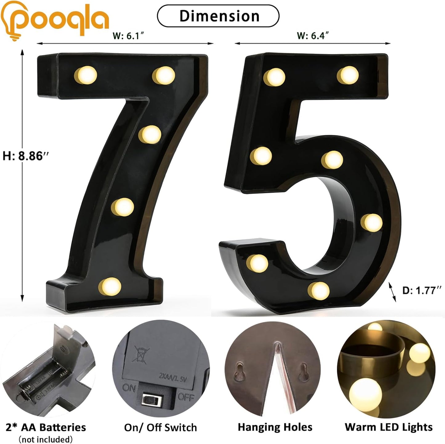 Pooqla Decorative Led Light Up Number Letters, Black Plastic Marquee Number Lights Sign for 75th Birthday Party Wedding Decor Battery Operated Black Decoration 75