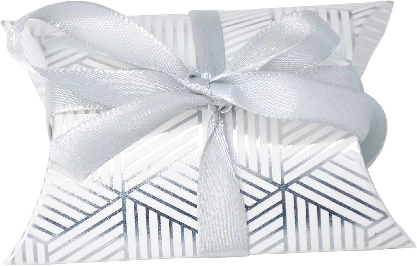 Aokbean 100 Pack Mini Pillow Candy Box Small Gift Boxes with 50 Yards Ribbon for Christmas Wedding Party Favor Gift, Jewelry or Soap Packaging (Silver Stripes)