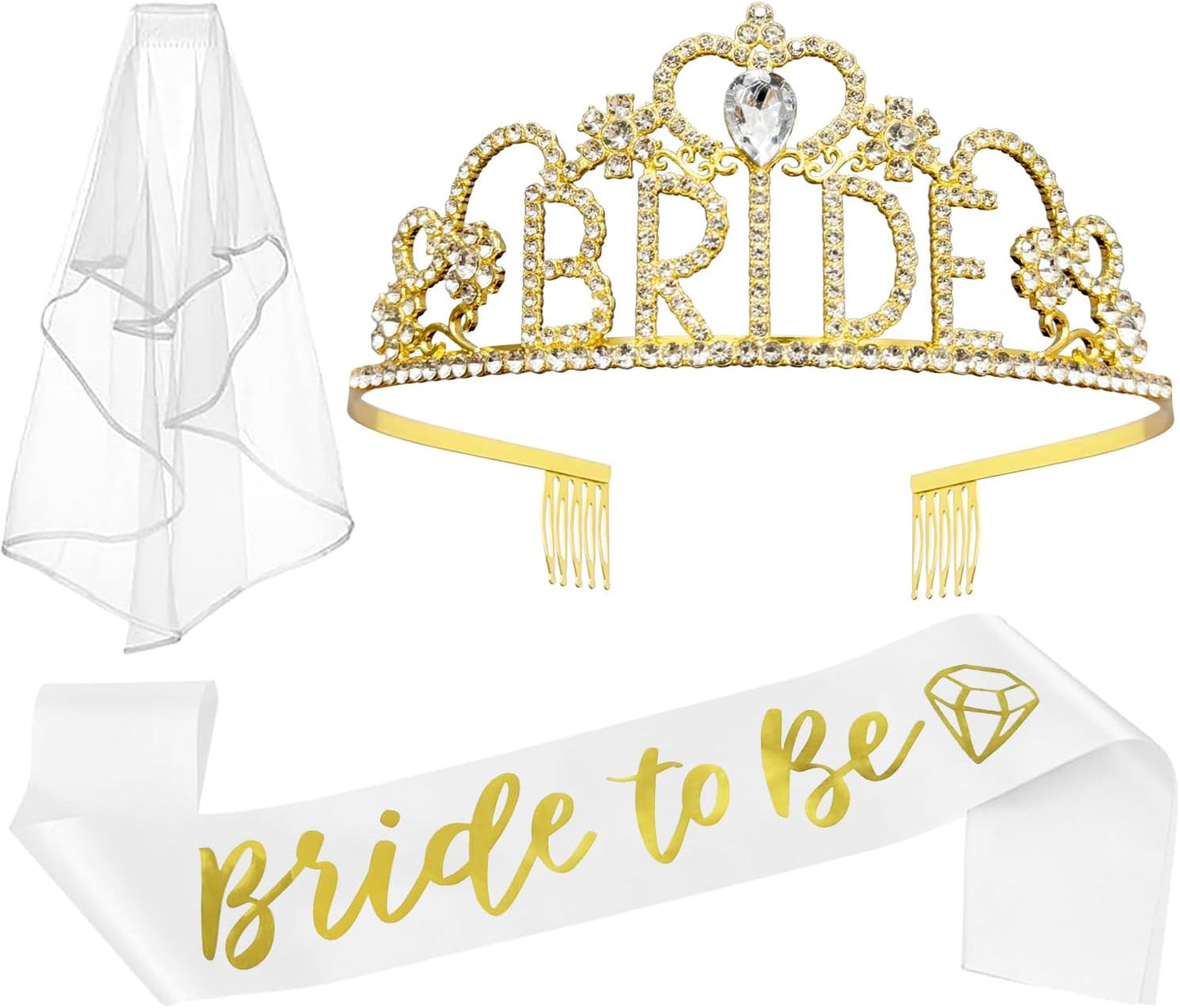 JETKONG 3 Pcs Bachelorette Party Decorations "BRIDE" Crown, Bride to Be Sash&Veil for Women Bachelorette Party Gifts, Bridal Shower Supplies, Gifts, Favors (Gold)