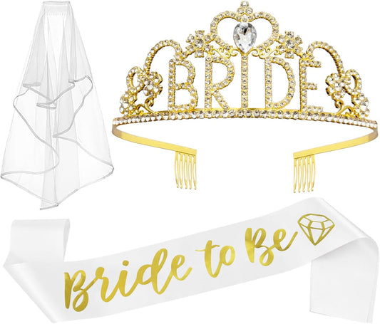 JETKONG 3 Pcs Bachelorette Party Decorations "BRIDE" Crown, Bride to Be Sash&Veil for Women Bachelorette Party Gifts, Bridal Shower Supplies, Gifts, Favors (Gold)