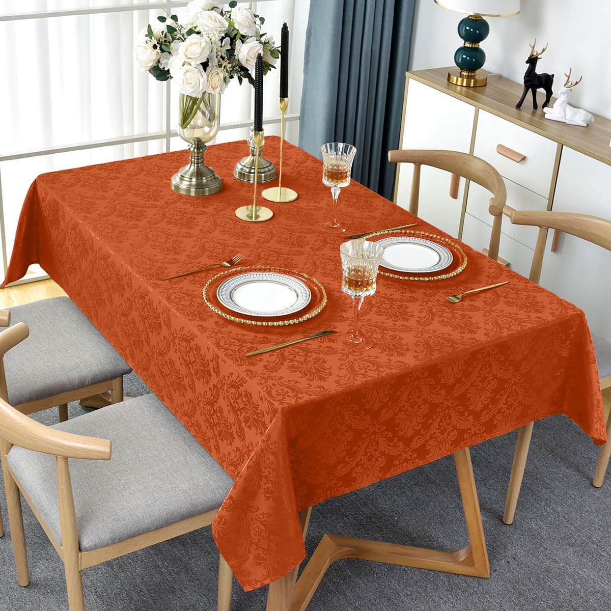 Jacquard Tablecloth Square 52 x 52 inch, Spill Proof Wrinkle Free Damask Autumn Table Cloth, Polyester Table Cover for Fall, Harvest, Thanksgiving, Holiday, Rusty/Orange