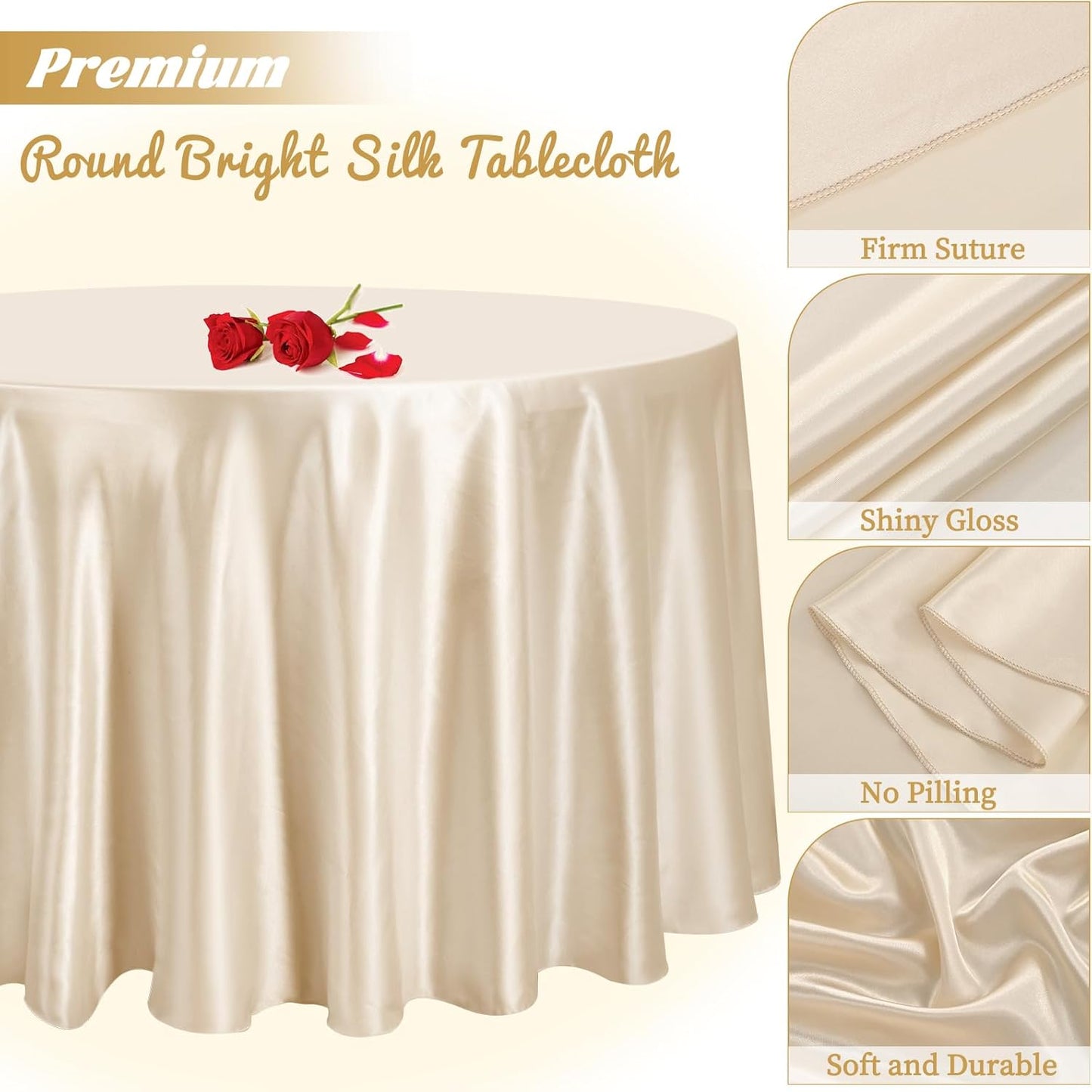 12 Pack 120 Inch Champagne Satin Tablecloth - Premium Bright Silky Round Tablecloth Overlay Smooth Fabric Table Cover, Table Decoration for Wedding Party Banquet Events Restaurant Kitchen Dining