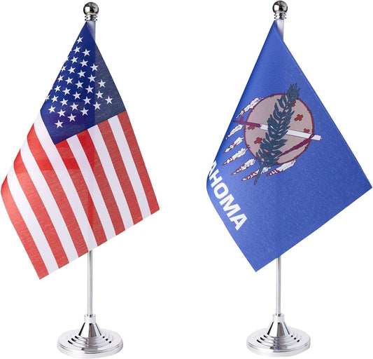 ZXvZYT 2 Pack American US Oklahoma flag USA Oklahoma OK State table flag,Small Mini United States Desk Flags With Stand Base,for U.S. States Party Events Celebration Decorations Supplies