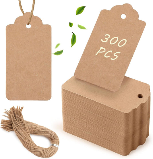 SallyFashion 300pcs Gift Tags with String Attached, 1.7 x 2.8 inch Kraft Paper Hang Tags for Clothes DIY Crafts Wedding Holiday (Brown)