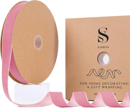 Pink Christmas Velvet Ribbon for Tree, Gift Wrapping, Flower Bouquet, Wreath Decorations, Bow Making 1'', 25 Yards
