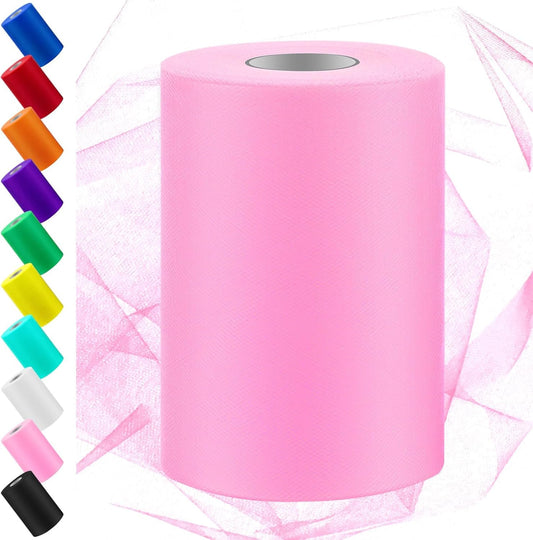 Swpeet 6 Inch by 100 Yards Pink Tulle Fabric Roll, Fabric Spool Tulle Ribbon, Netting Polyester Spool Ideal for DIY Handmade Birthday Party Wedding Decorations Christmas Craft Supplies