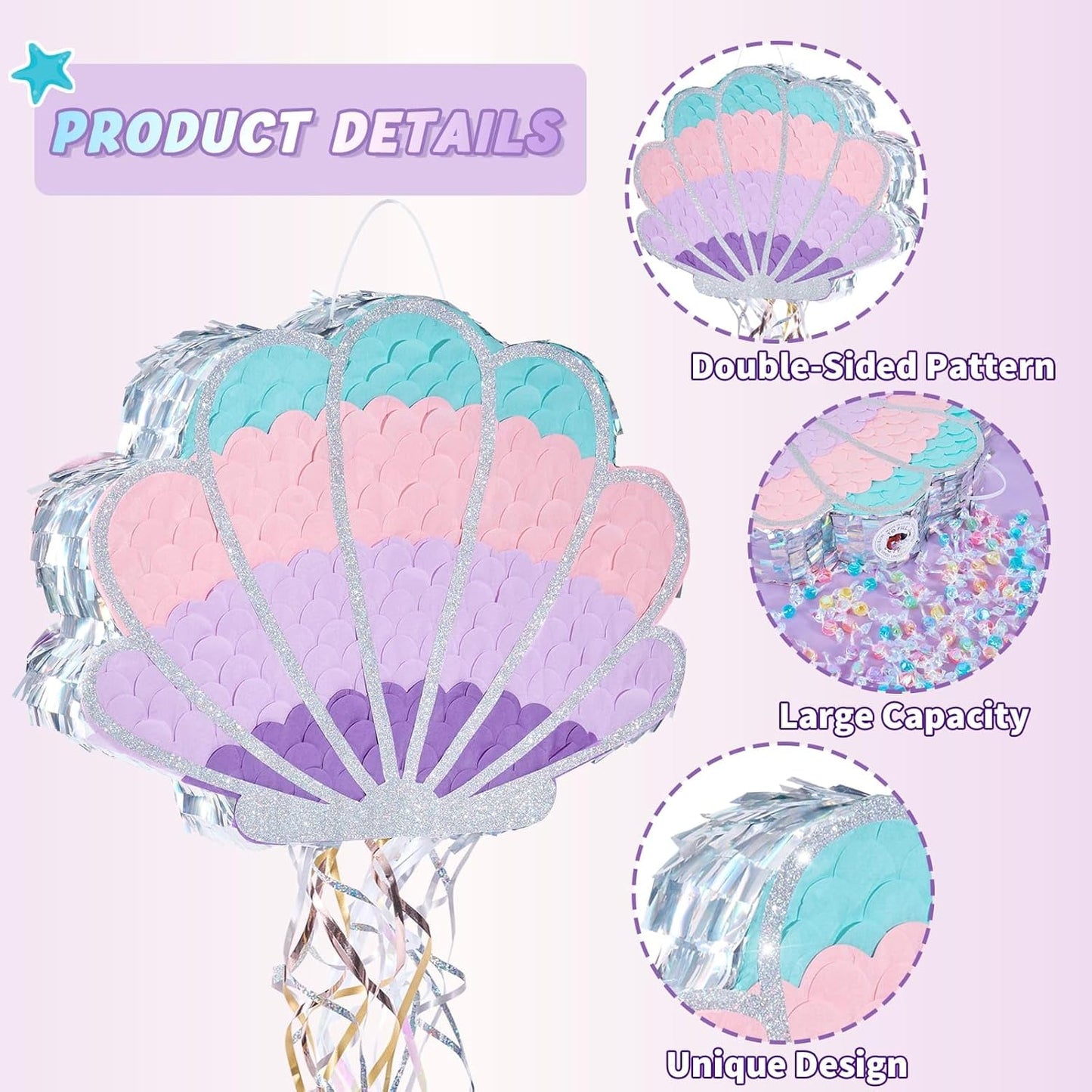 Wernnsai Mermaid Seashell Piñata - Pink Shellfish Pinatas for Kids Girls Birthday Mermaid Princess Party Decorations Under The Sea Ocean Theme Party Games With Bat Blindfold 16“ x 12.5" x 3"