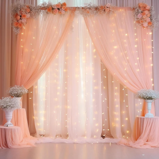 20×10ft Peach Tulle Backdrop Curtain with Lights String for Parties, Sheer Photo Curtain Backdrop Drapes for Wedding Party Photography Decorations