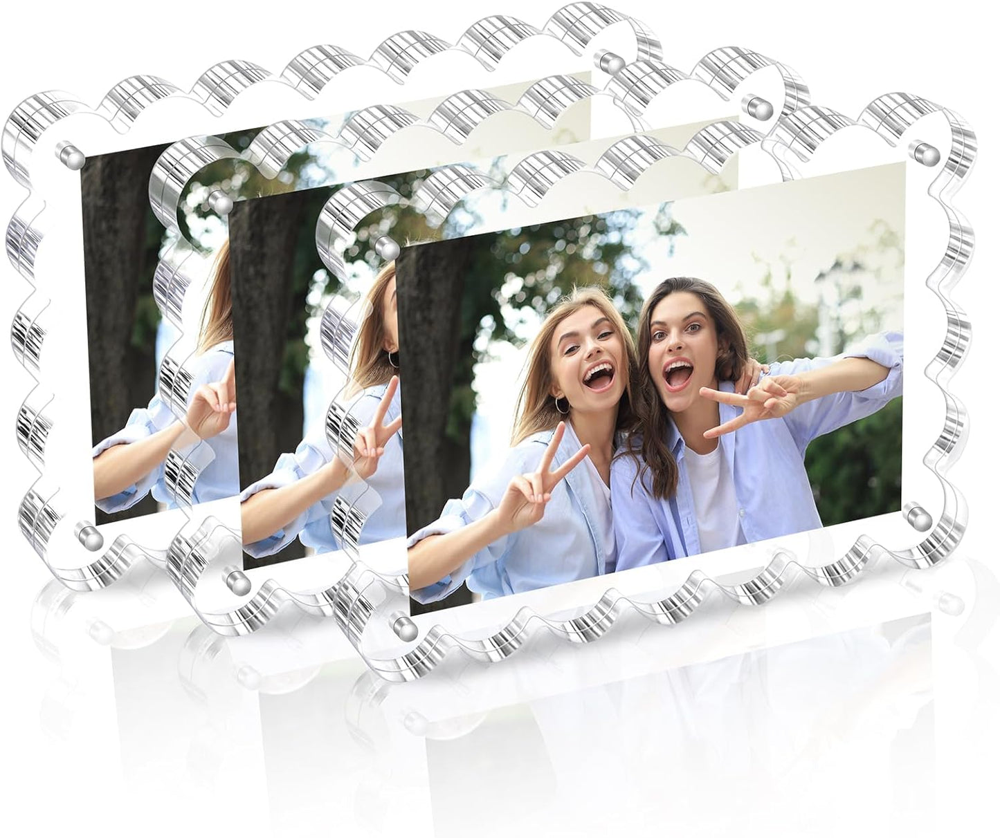 3 Pack Acrylic Picture Frame: 4x6inch Magnetic Picture Frames, Double Sided Magnet Frames,10+10mm Thick Block, Clear Photo Scalloped Frames Freestanding for Desktop Display