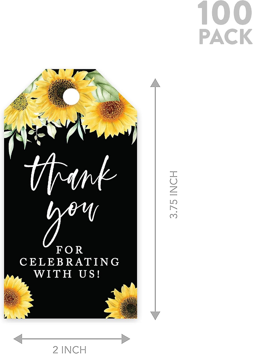 Andaz Press 100-Pack Thank You for Celebrating with Us Favor Tags Sunflowers Black Background Cardstock Gift Tags with Bakers Twine for Wedding Baby Shower Bridal Shower Party Favors 2 x 3.75-Inches