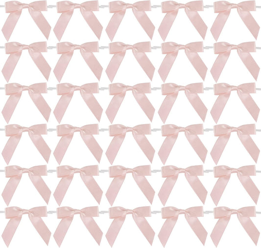 AIMUDI Small Rose Gold Bows 2.5" Pretied Satin Bows for Crafts Twist Tie Bows for Treat Bags Premade Mini Bows for Wedding Bridal Shower Bithday Baby Shower Decor - 50 Counts