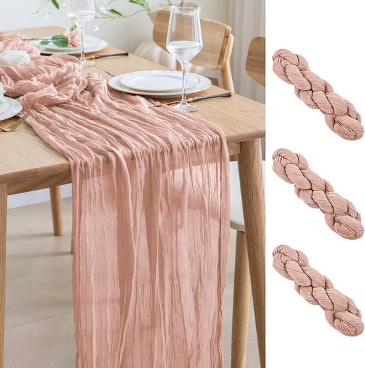 Asee'm 3pcs Cheesecloth Table Runner 120 Inches Dusty Pink Boho Gauze Cheese Cloth Runner 10FT Rustic Sheer Fall Table Runners for Thanksgiving Wedding Baby Shower Holiday Party Decoration