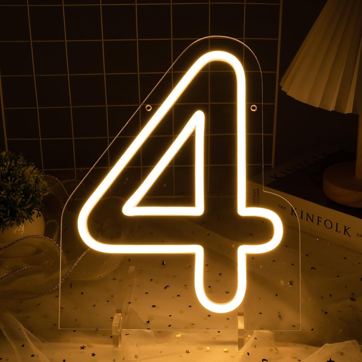 Number 4 LED Neon Sign Backdrop Birthday Party Decoration, 11.3" Height Warm White Marquee Numbers Four Light Up Sign for Wedding Anniversary Window Wall Table, Indoor Battery Operated or USB