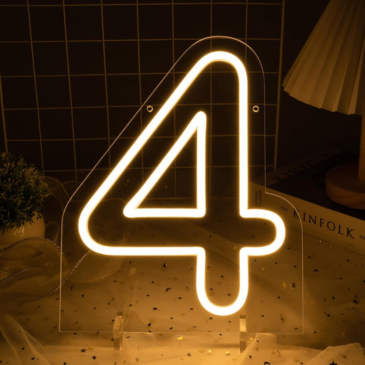 Number 4 LED Neon Sign Backdrop Birthday Party Decoration, 11.3" Height Warm White Marquee Numbers Four Light Up Sign for Wedding Anniversary Window Wall Table, Indoor Battery Operated or USB