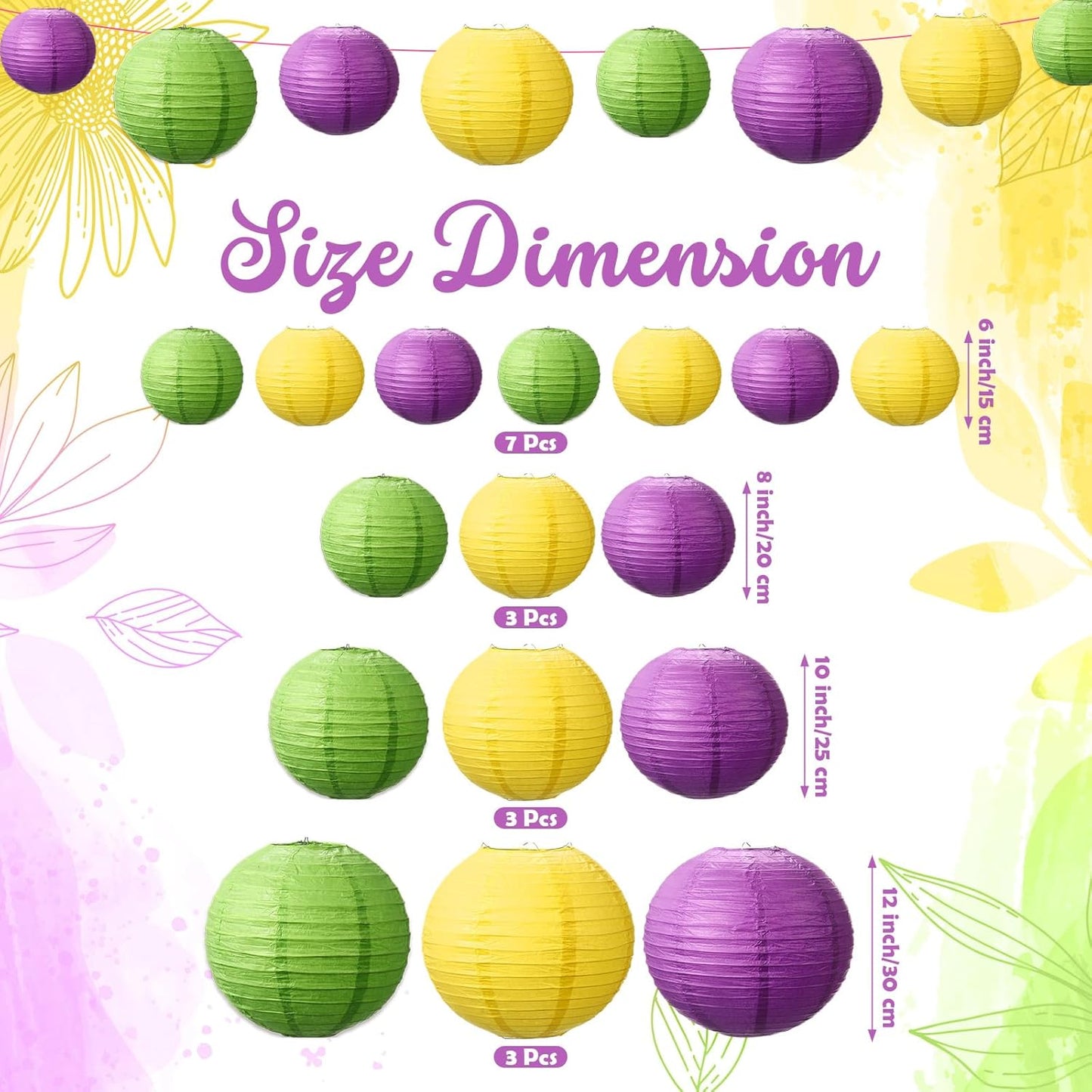 Riakrum 16 Pcs Yellow Green Purple Paper Lanterns Birthday Party Decorations Mixed Size 6'' 8'' 10'' 12'' Colorful Chinese Hanging Paper Lanterns for Wedding Home Decorations Supplies