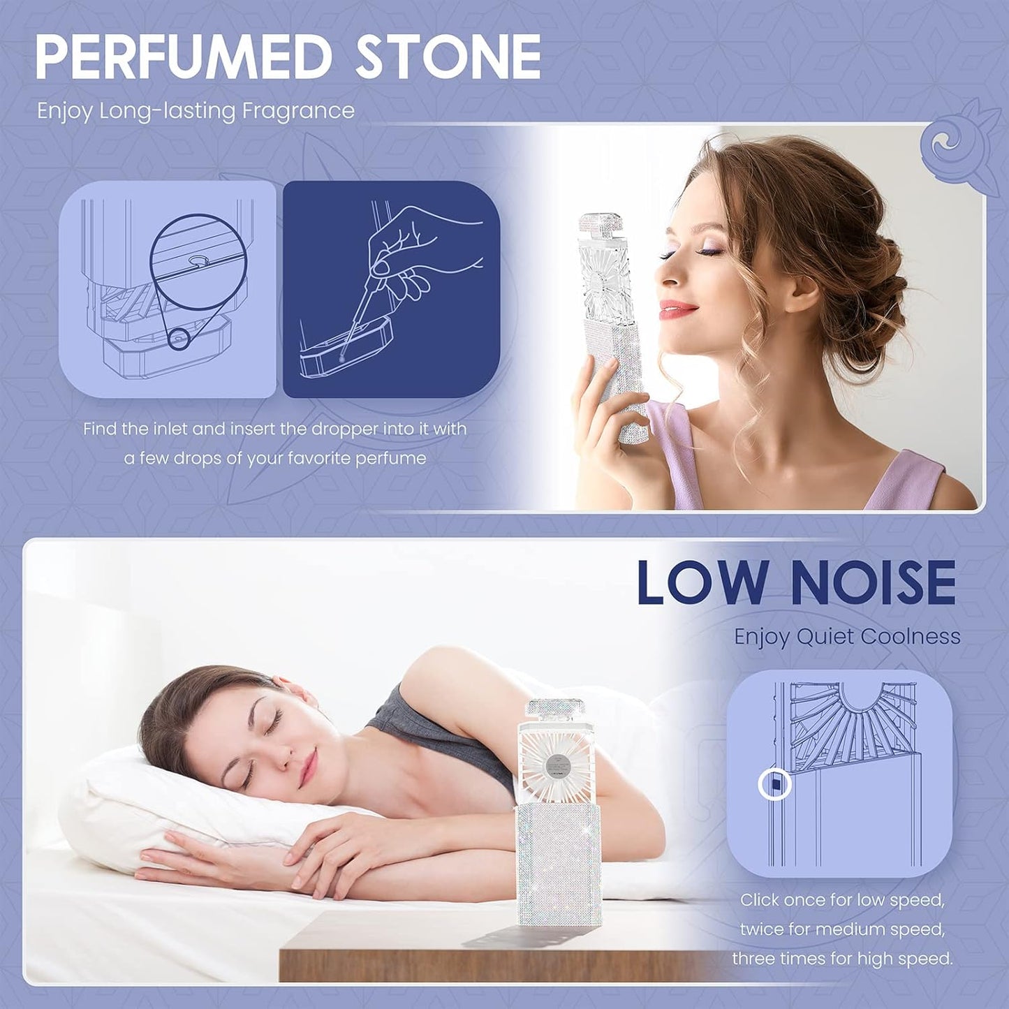 Lady Rechargeable Personal Fan with 3 Speeds, Quiet Portable Mini Cooling Desk Electric Fan - White Rhinestones