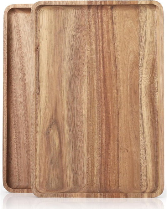 2 PCS 16 x 12 in Large Solid Acacia Wood Serving Trays Rectangular Wooden Serving Platters Natural Wooden Boards for Bar Coffee Party（Wood Log Color）