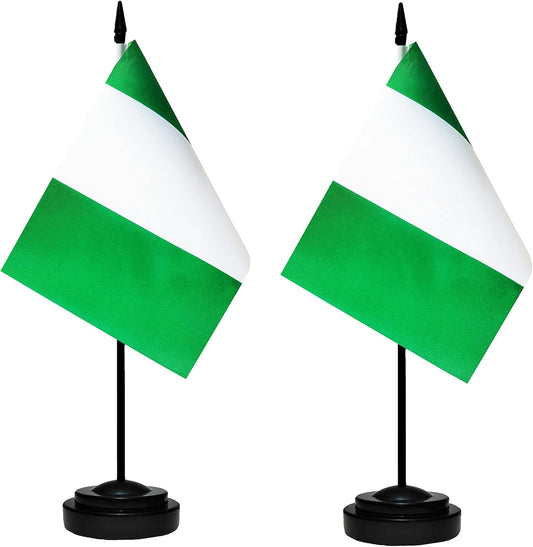 Nigeria Nigerian Deluxe Desk Flag Set Small Mini Miniature Nigeria Nigerian Table Desktop Flags With Solid Pole, Black Base and Spear Top(2 Pack)