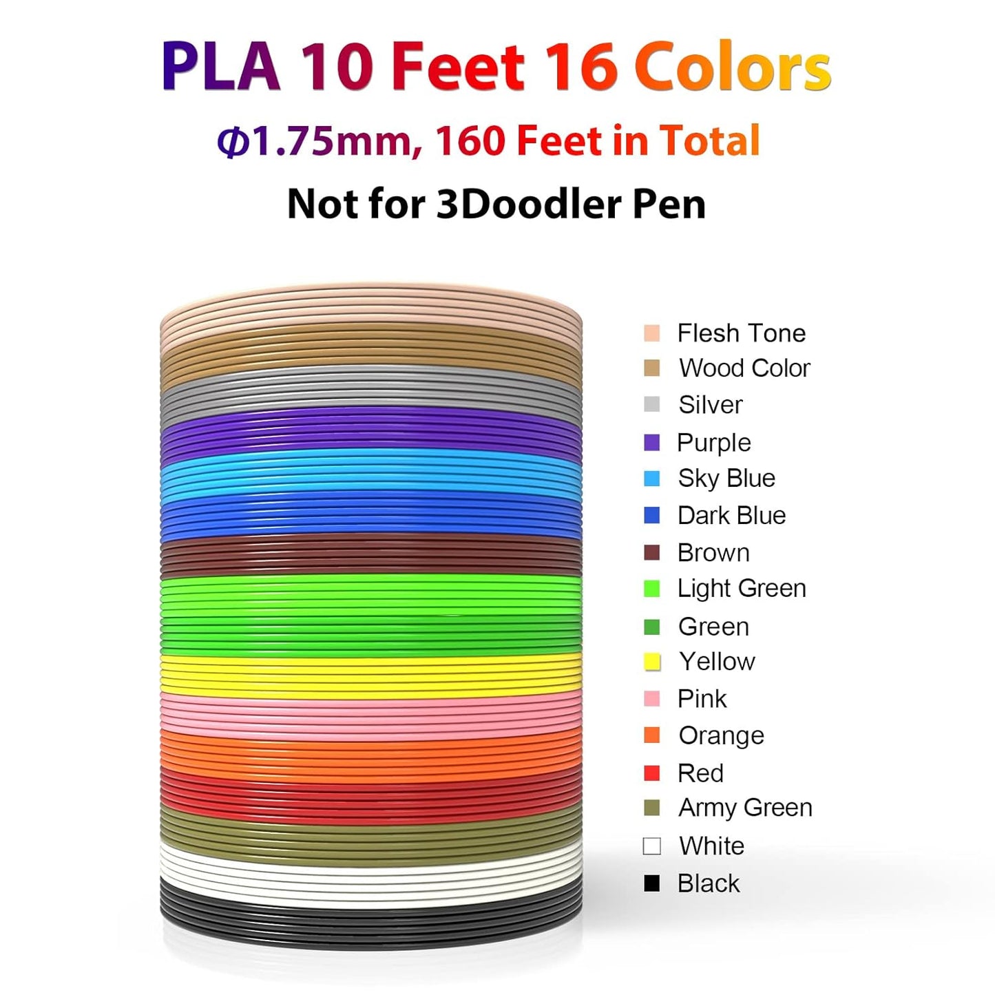 3D Pen Filament 160 Feet, 16 Colors, Each Color 10 Feet, 250 Stencils eBooks - 3D Printer Pen Refill PLA 1.75mm, Compatible with MYNT3D, SCRIB3D, PIKA3D Super and Pro Pen