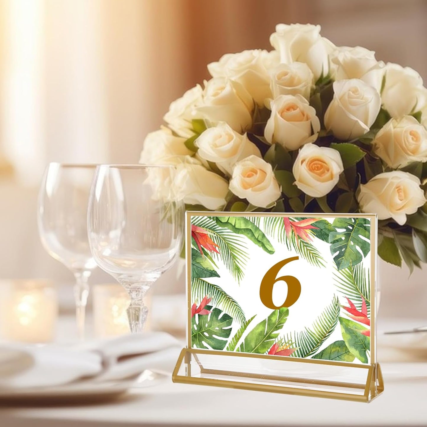 8PCS 6x4 Acrylic Sign Holders with Golden Border, Double-Sided Picture Frames, Clear Gold Table Number Holders for Wedding Reception, Centerpiece, Decoration, Party