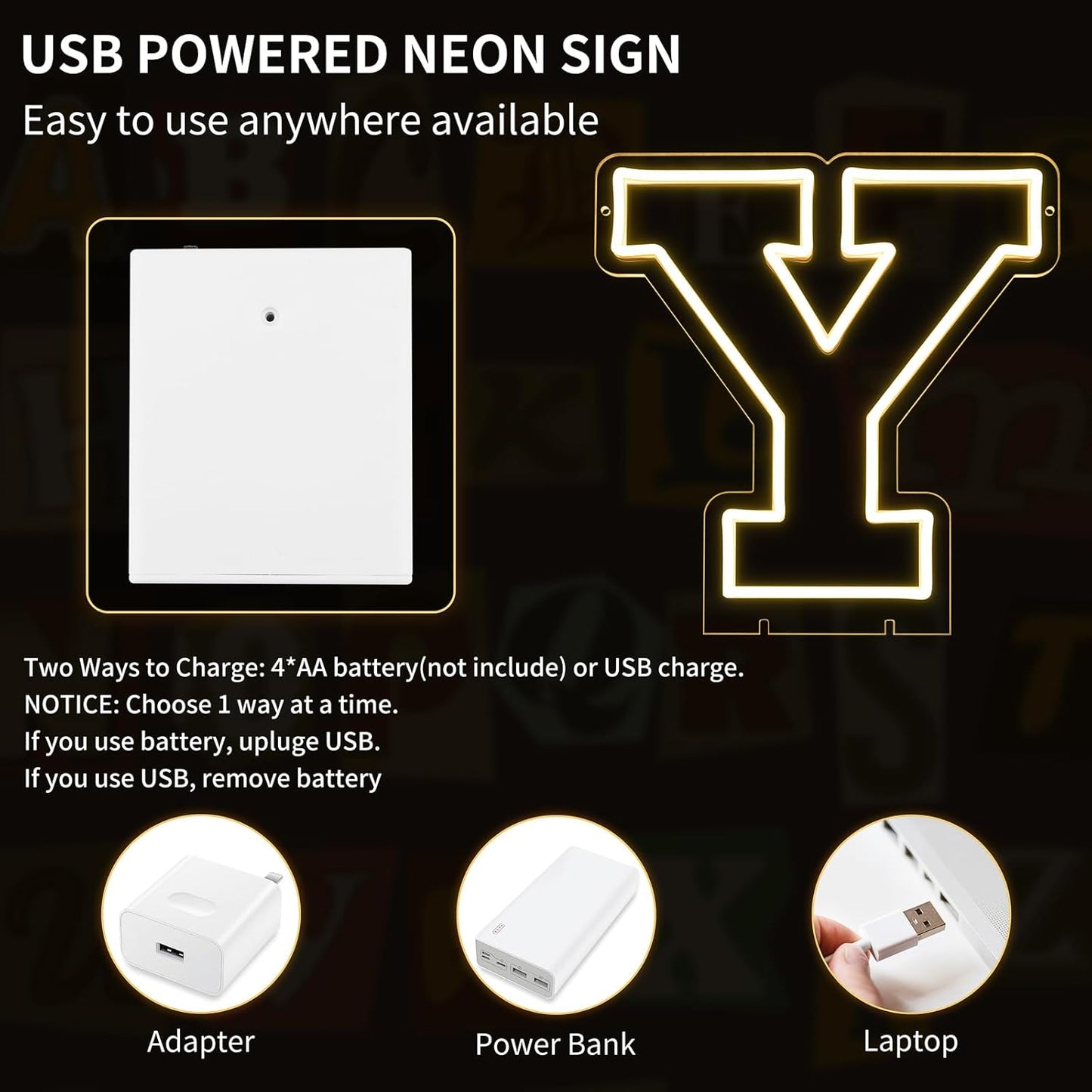 Light Up Letters Y, Led Marquee Letter Lights Neon Sign, 13.9" Height Decorative Lighted Alphabet Number, Battery/USB Powered Led Letters Lights for Wedding, Birthday, Party, Christmas or Home Decor