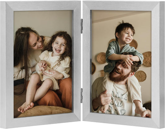 decorUhome Double 5x7 Picture Frame Vertical, Engineered Wood Bifold Photo Frame with Plexiglass for Tabletop Display, 5x7, Silver