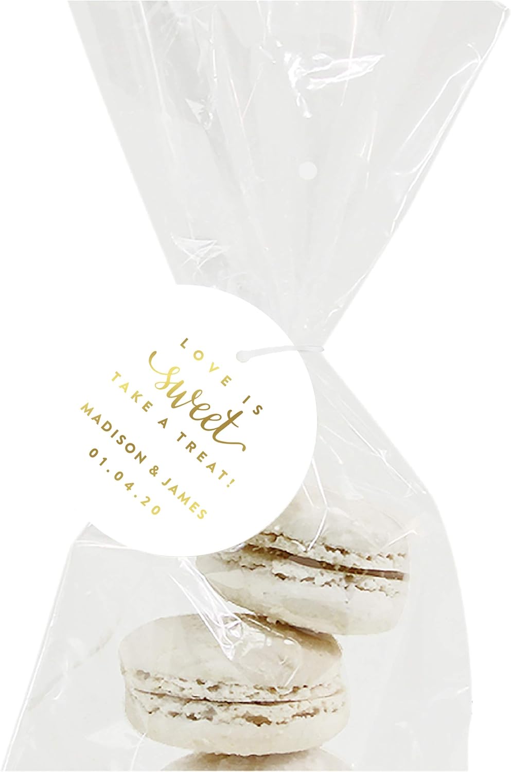 Andaz Press Personalized Round Circle Wedding Gift Tags, Metallic Gold Ink, Love is Sweet Take a Treat, 24-Pack, Custom Made Any Name, Not Gold Foil