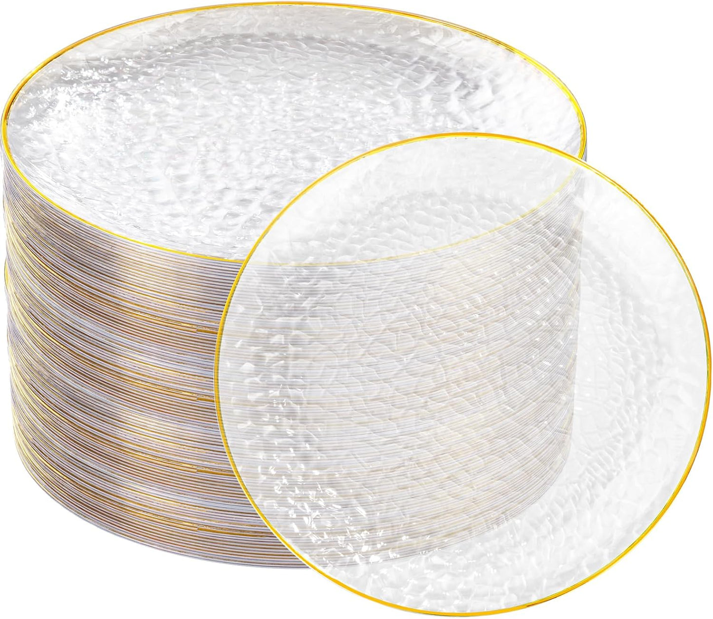 Rubtlamp 100 Pcs Gold Plastic Plates - 10 inch Clear Gold Dinner Plates - Hammer Pattern Design - Fancy Disposable Plate - Heavy Duty Party Plate Ideal for Wedding