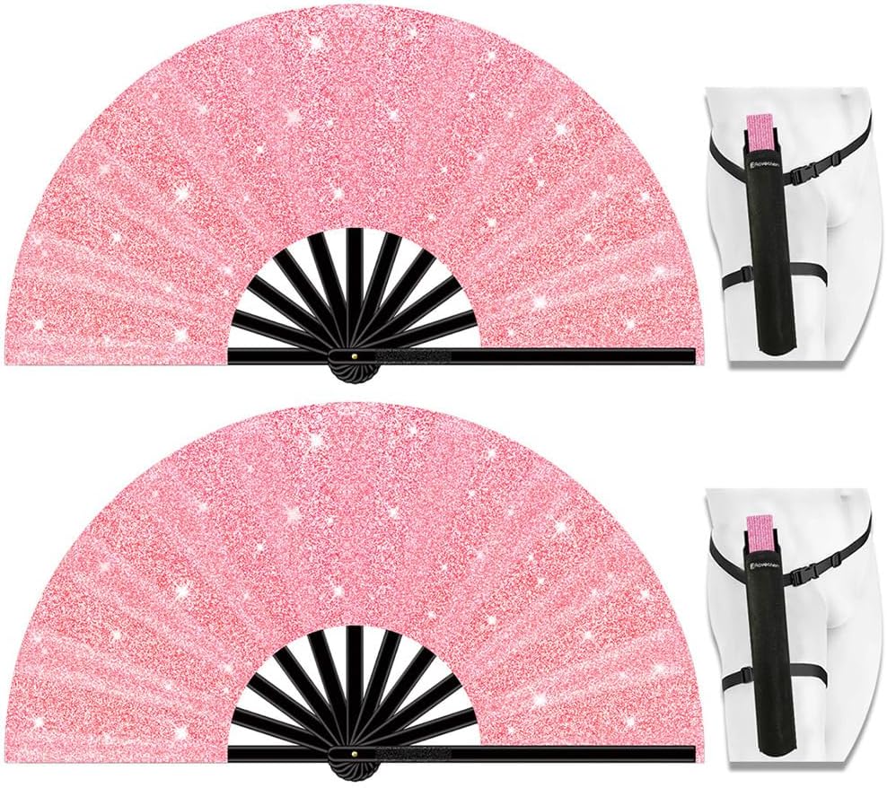 13" Large Folding Rave Fan with Holster, Clack Hand Fans Foldable for Line Dancing, Boots On The Ground Fan for Women Men Festival EDM Party Decoration, Glitter Pink 2 Pack