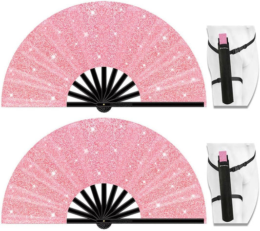 13" Large Folding Rave Fan with Holster, Clack Hand Fans Foldable for Line Dancing, Boots On The Ground Fan for Women Men Festival EDM Party Decoration, Glitter Pink 2 Pack