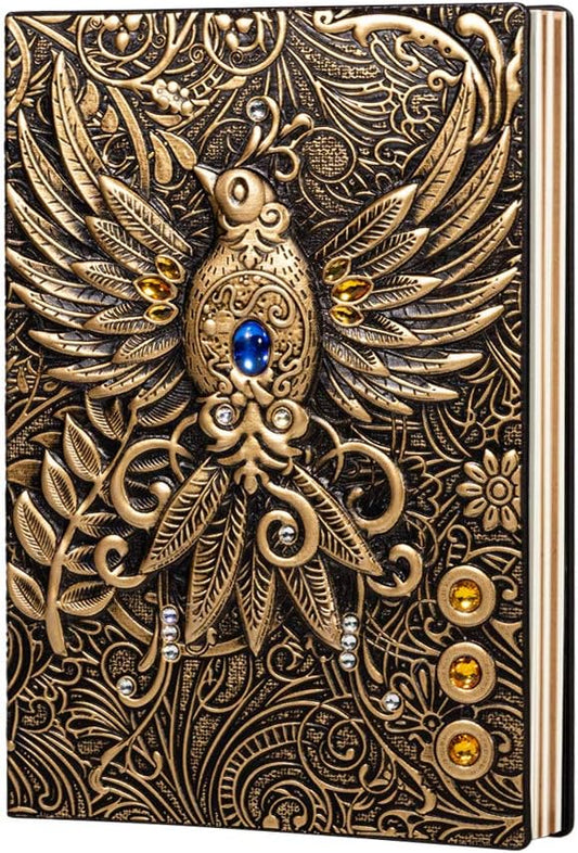 molshine A5 (5.5" x 8.3") Embossed Journals Vintage Notebook,Retro Leather Bronze Diary,100 Sheets Paper,Hardcover Travel Notepad for Writing,Sketchbook,Collection,Gift,Decoration, Phoenix(Bronzed)