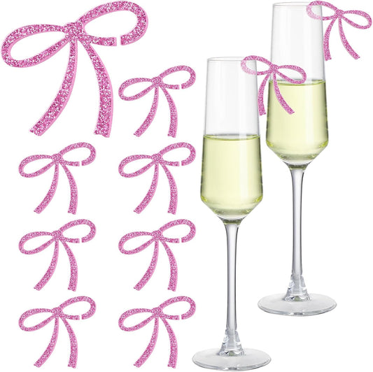 50 Pcs Bows Drink Tags Coquette Bow Wine Glass Charms Acrylic Bowknot Drink Tag for Bachelorette Birthday Wedding Coquette Tasting Party Decor Accessory(Glittery Pink)