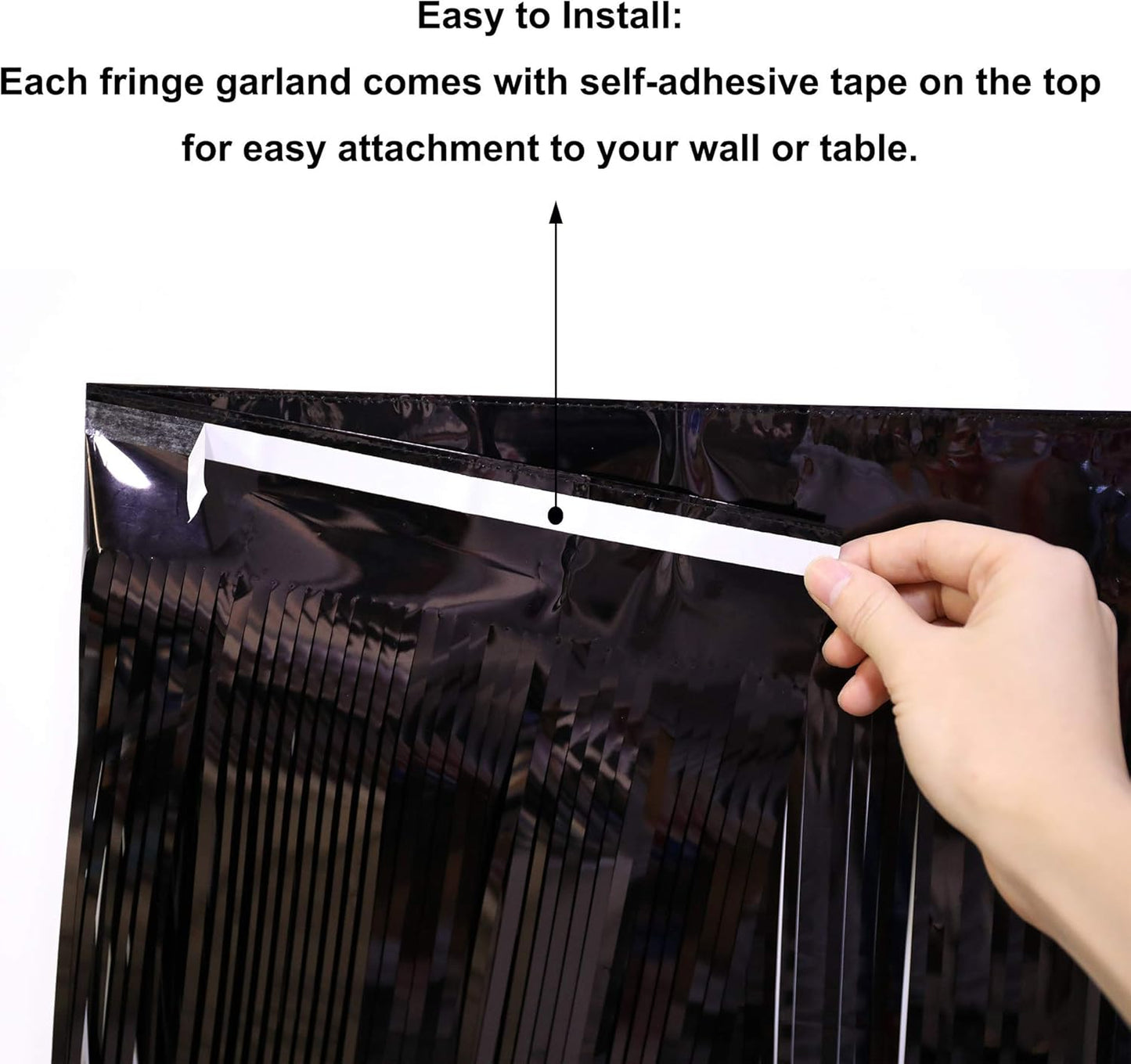 Thick 10 Feet by 15 Inch Black Foil Fringe Garland - Pack of 3 - Shiny Metallic Tinsel Banner for Parade Floats, Easter Day, Halloween, Christmas | Wall Hanging Drapes (3)