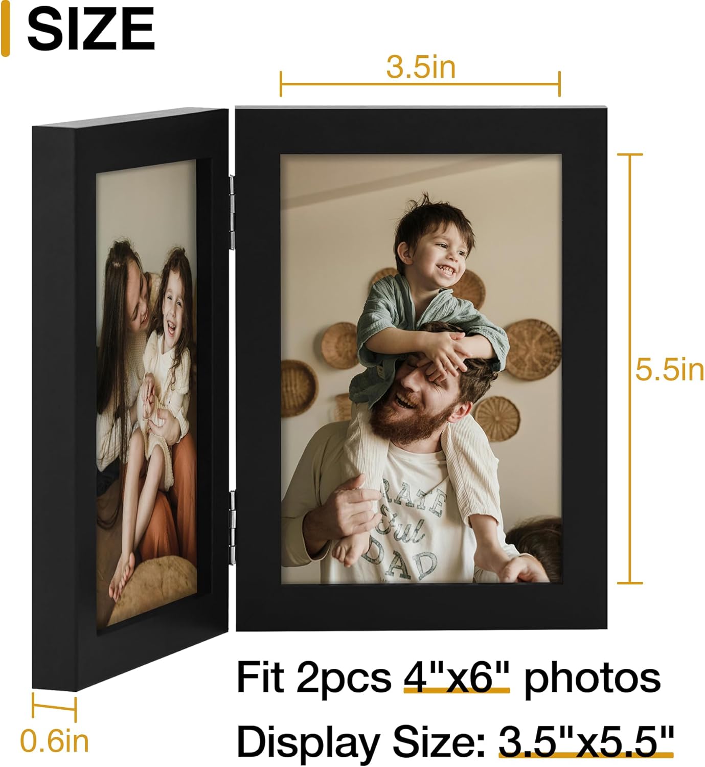 decorUhome Double 4x6 Picture Frame Vertical, Engineered Wood Bifold Photo Frame with Plexiglass for Tabletop Display, 4x6, Black