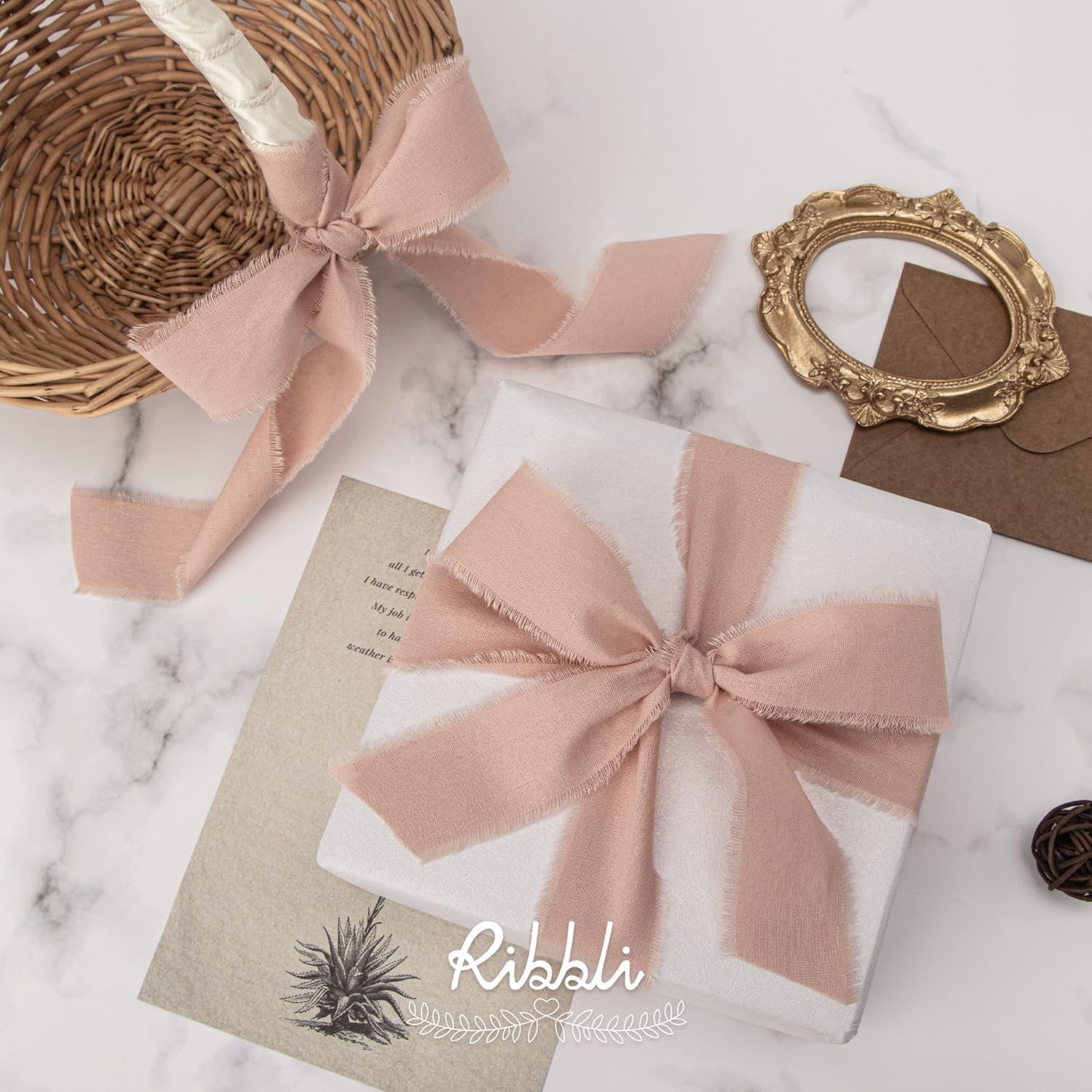 Ribbli 3 Rolls Pink Ribbon 1.5 Inch x 18Yards Ivory Blush Dusty Pink Handmade Cotton Frayed Fringe Ribbons for Gift Wrapping Wedding Invites Bridal Bouquets Baby Shower DIY Crafts Home Decor