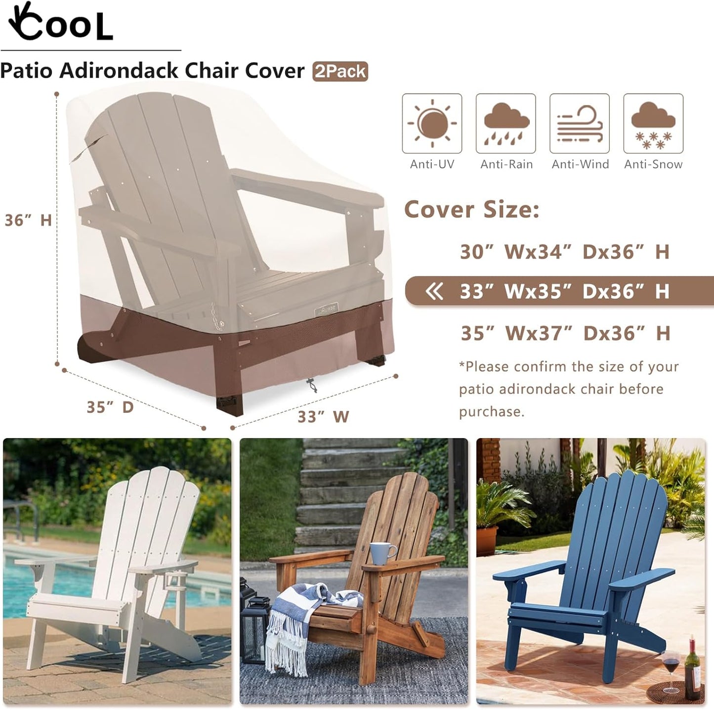 okcool Patio Adirondack Chair Cover 2 Pack,Waterproof Heavy Duty Outdoor Chair Covers,Patio Adirondack Chair Cover for Outdoor Chair,(33W x 35D x 36H inches),Beige & Brown