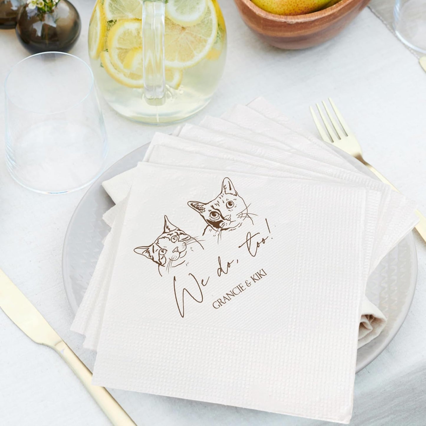 Luxury Personalized Illustrated Cat Wedding Napkins, Personalized Photo Napkins for Cat, Custom Wedding Cocktail, Bridal Shower, Engagement Party